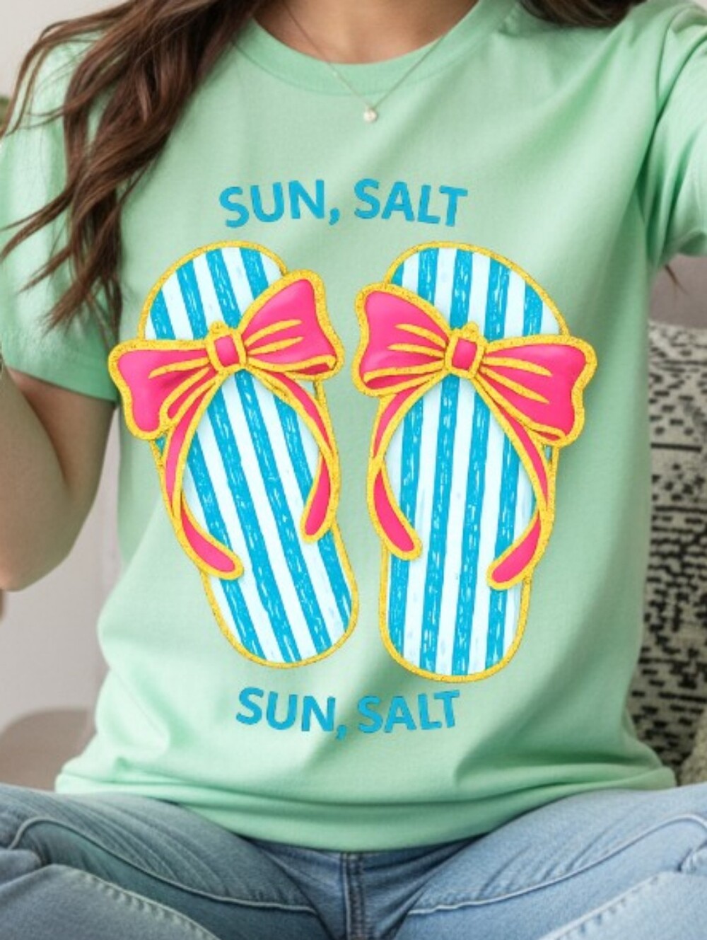 Gildan Mint Short-Sleeve Tee with Blue & Pink Flip-Flop Graphic